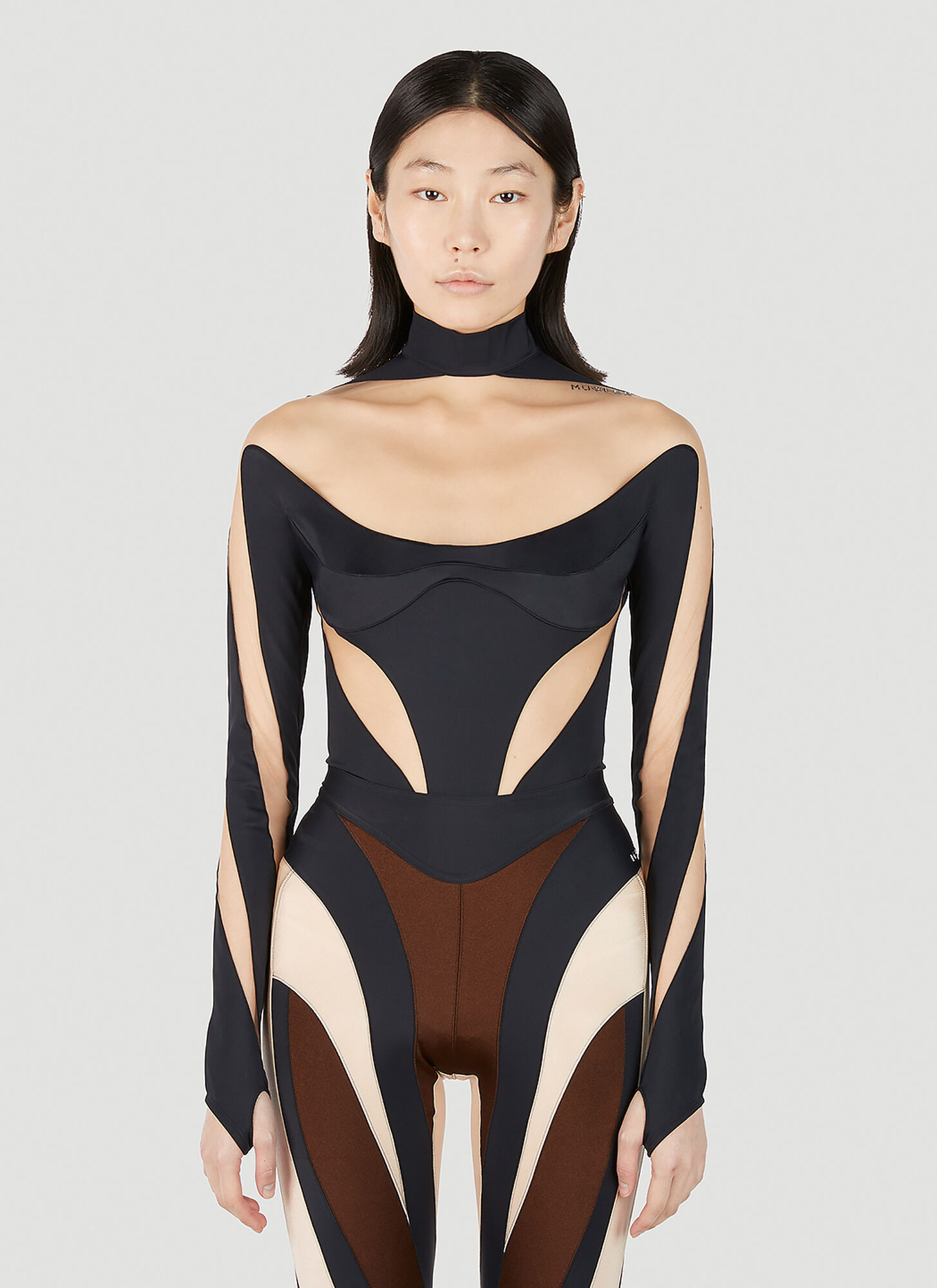 Mugler Structured Cut Out Illusion Bodysuit In Black