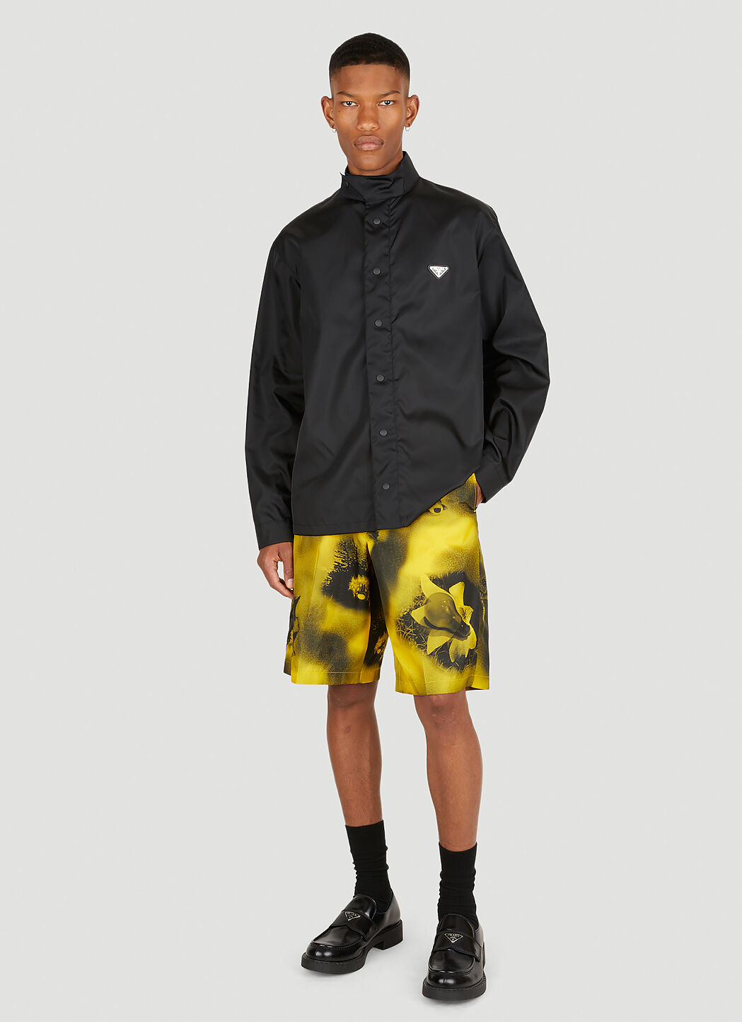Prada Re Nylon Graphic Print Shorts in Yellow LN CC