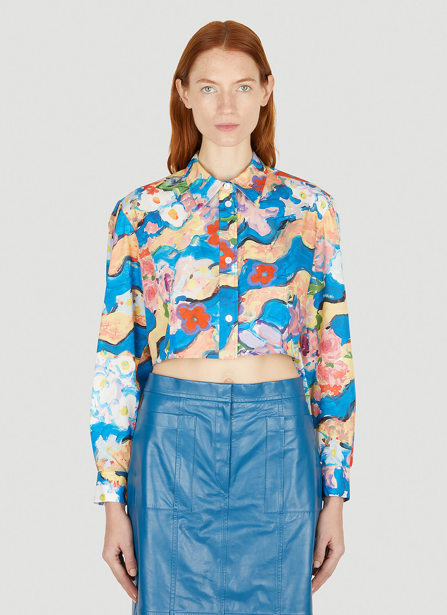 Shop Marni Cropped Printed Shirt In Blue