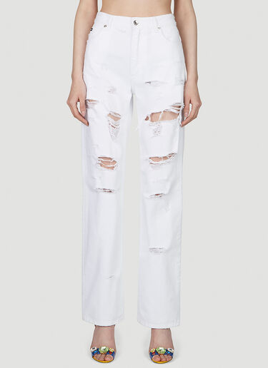 Dolce & Gabbana Logo Plaque Distressed Jeans White dol0253007