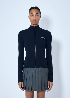 Miu Miu Ribbed-Knit Logo-Embroidered Cardigan Navy miu0266019