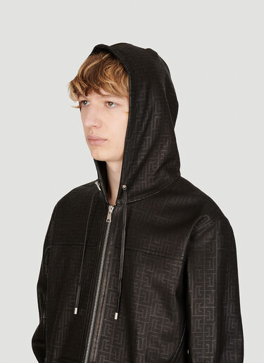 Balmain Monogram Lazer-Cut Leather Hooded Jacket Black bln0153010