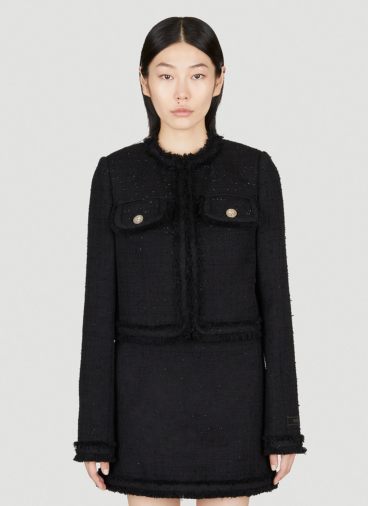 Shop Versace Tweed Cardigan Jacket In Black