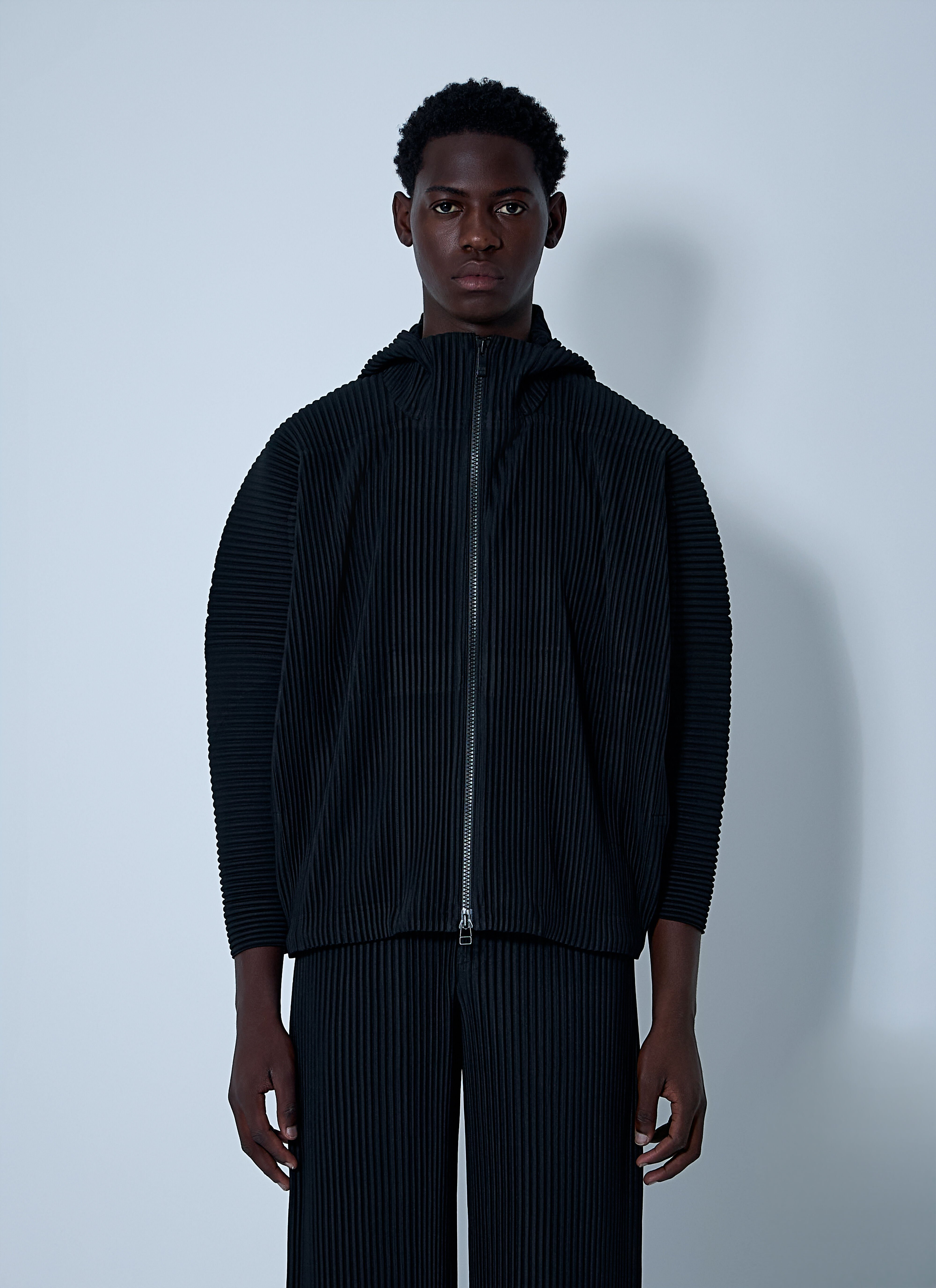 Homme Plissé Issey Miyake Men's' Hooded Pleated Jacket in Black