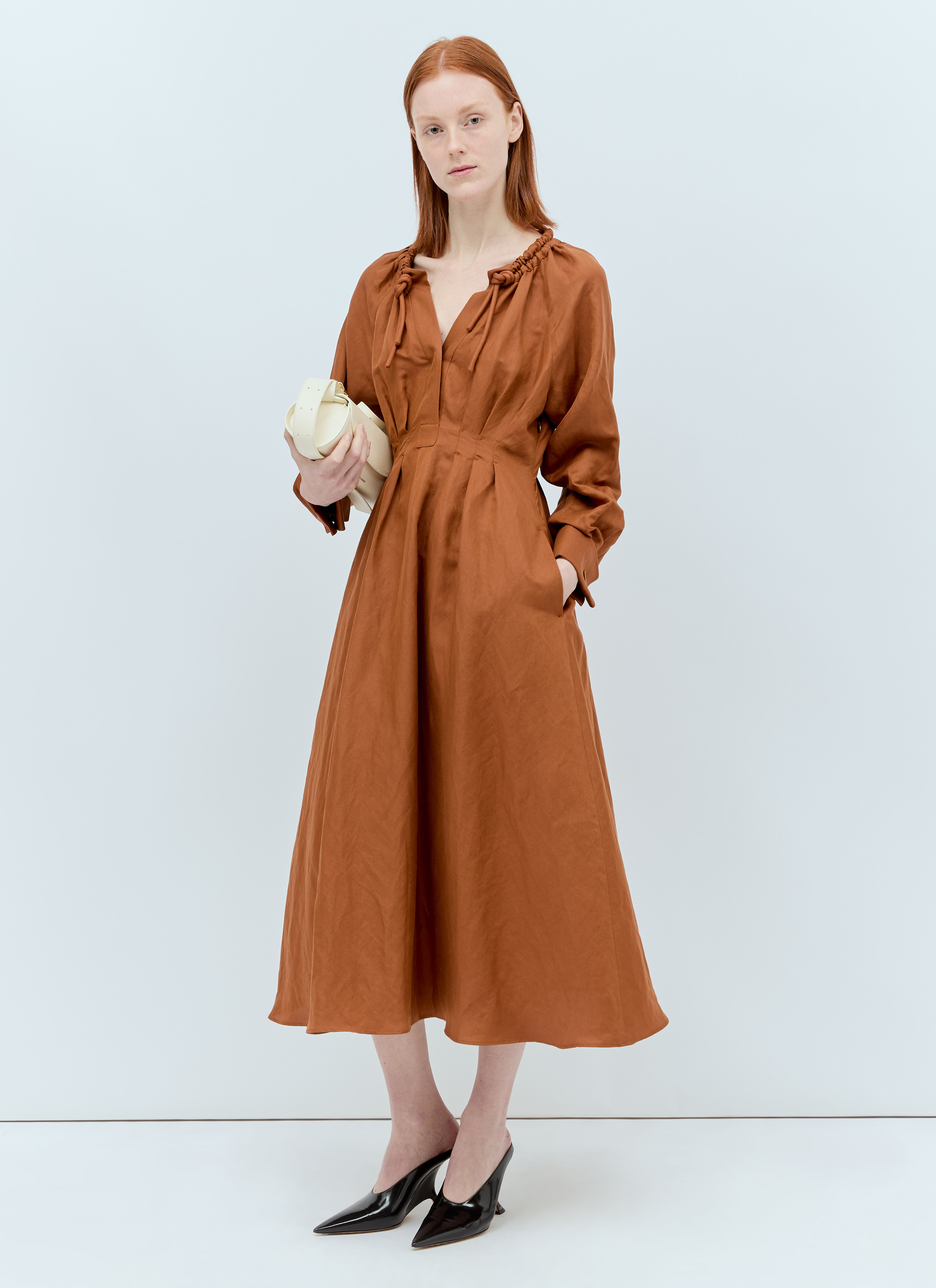 The Row Linen And Silk Midi Dress Beige row0256009