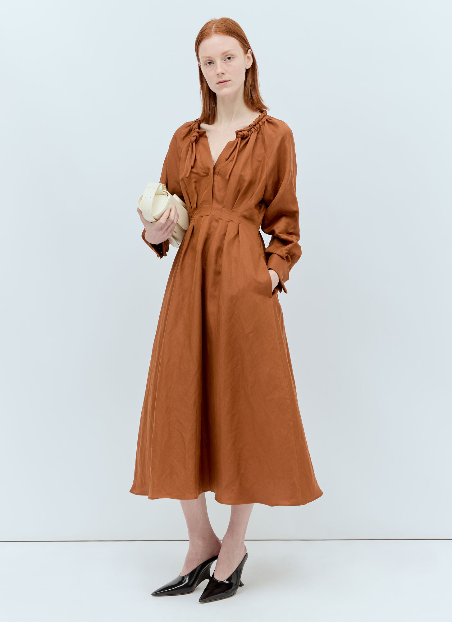 Shop Max Mara Linen And Silk Midi Dress In Brown