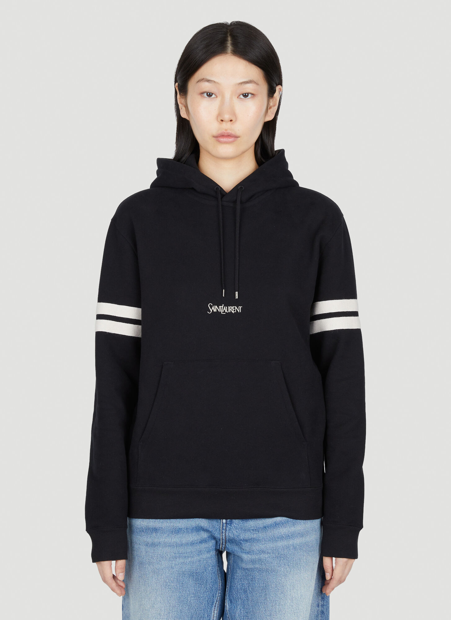 Shop Saint Laurent Logo Embroidery Hooded Sweatshirt In Black