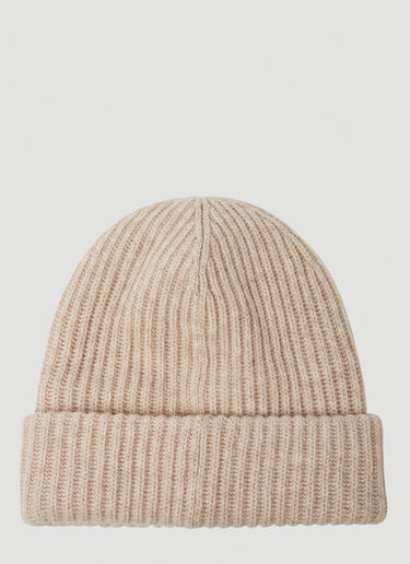 GANNI Logo Patch Ribbed Beanie Hat Beige gan0250049