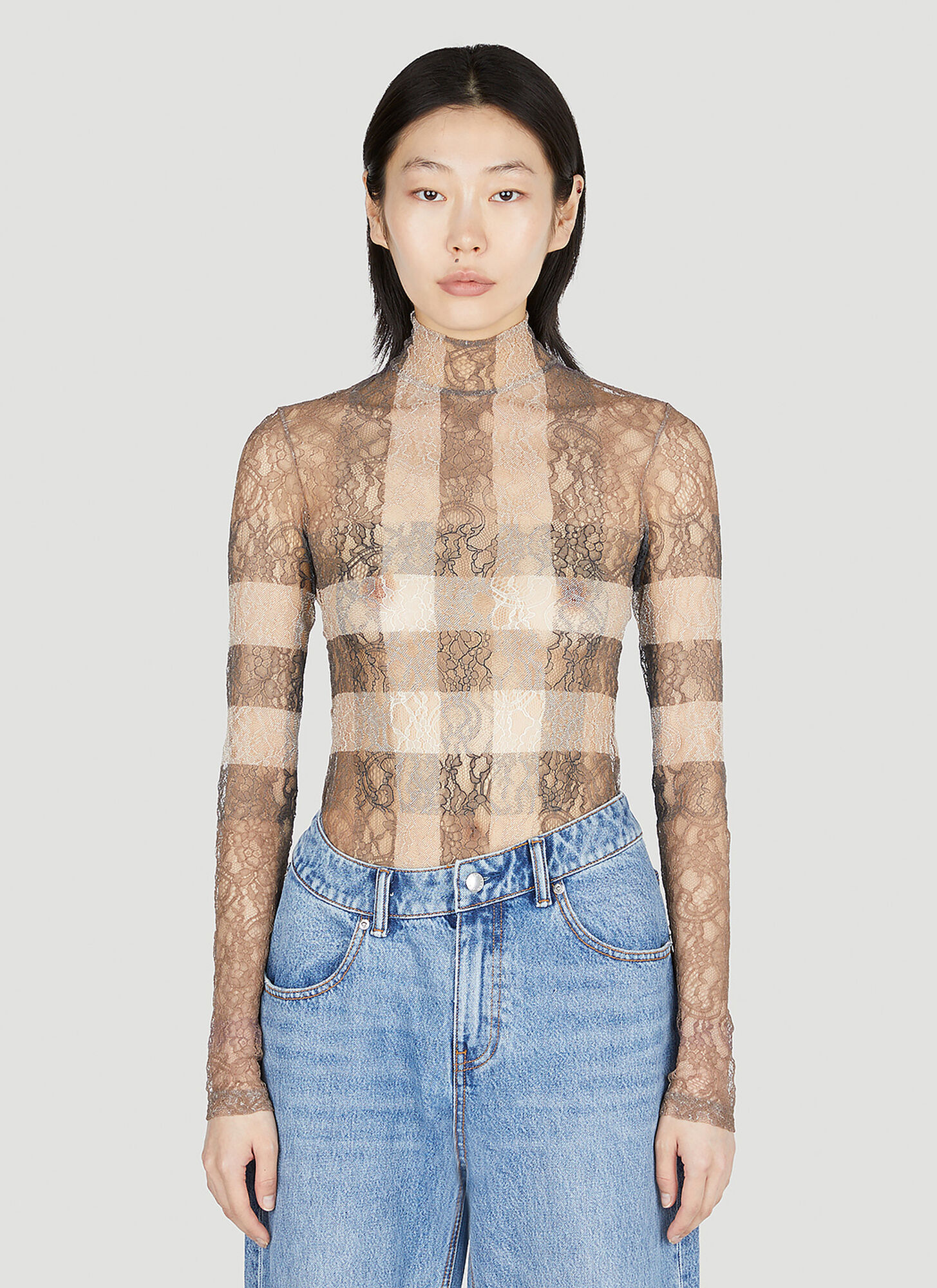 Shop Burberry Check Lace Bodysuit In Brown