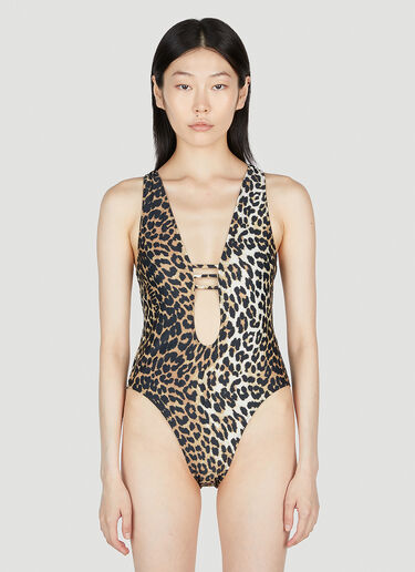 GANNI Leopard Print Swimsuit Brown gan0253095