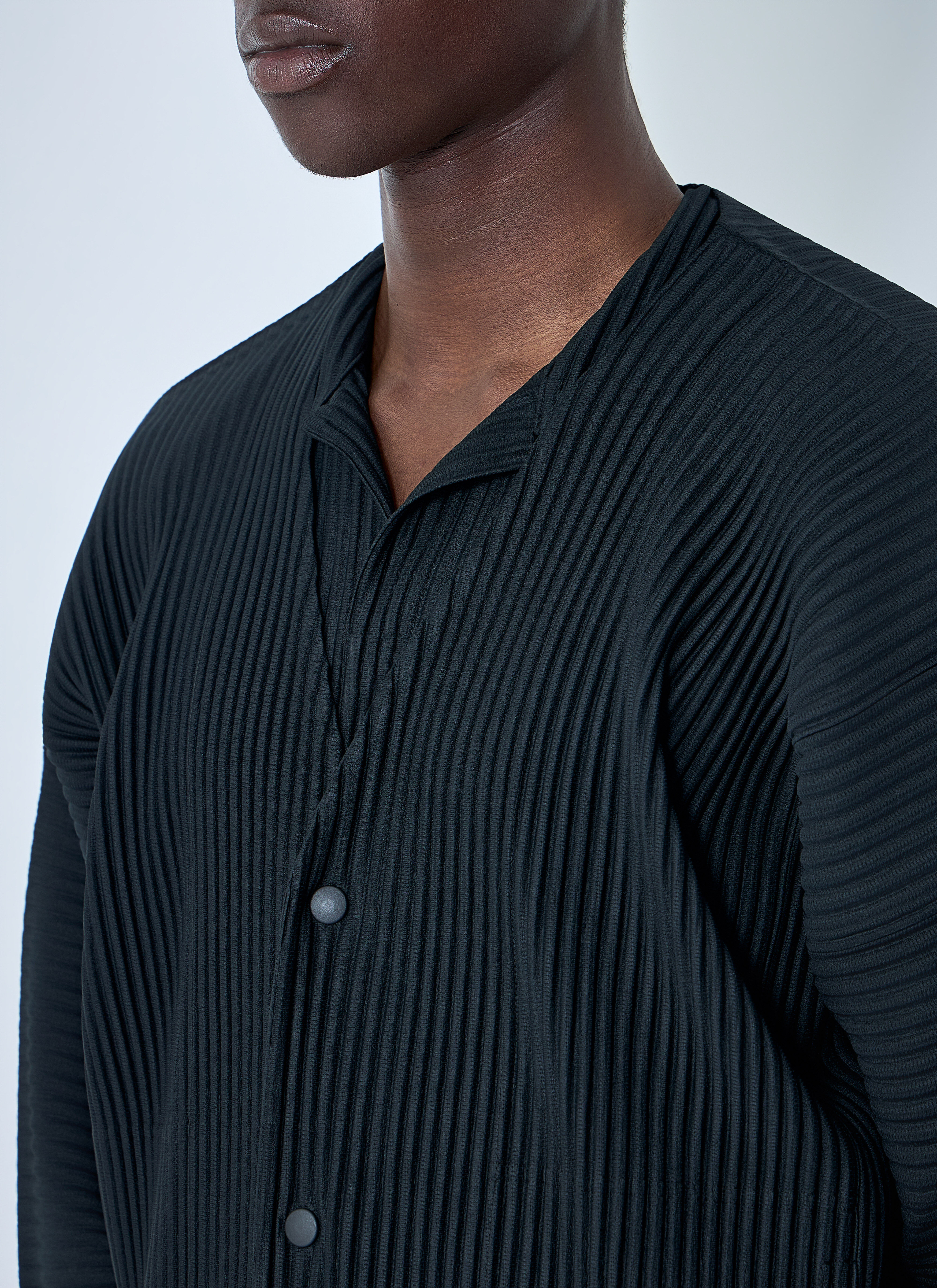 Homme Plissé Issey Miyake Men's' Pleated Button-Up Jacket in Black