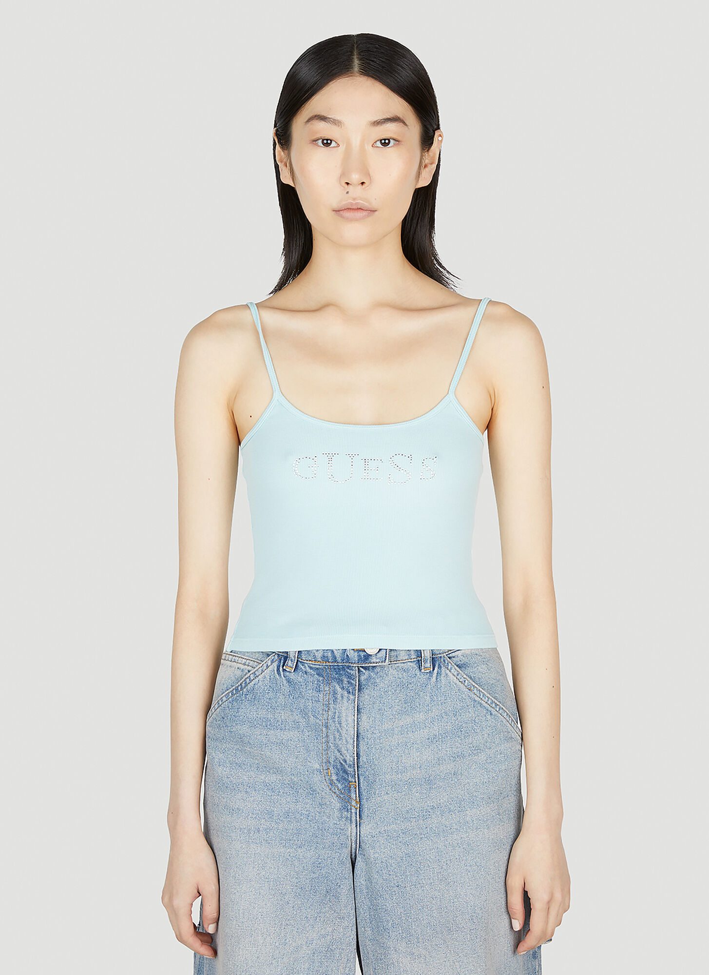 Guess Usa Embellished Logo Top In Blue