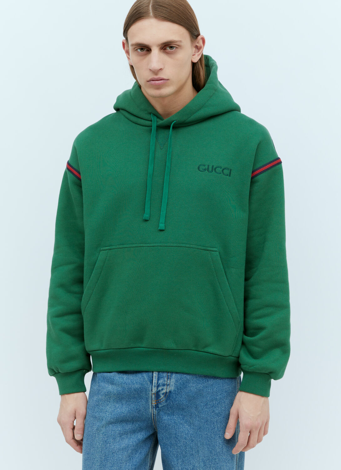 Shop Gucci Logo Embroidery Hooded Sweatshirt In Green