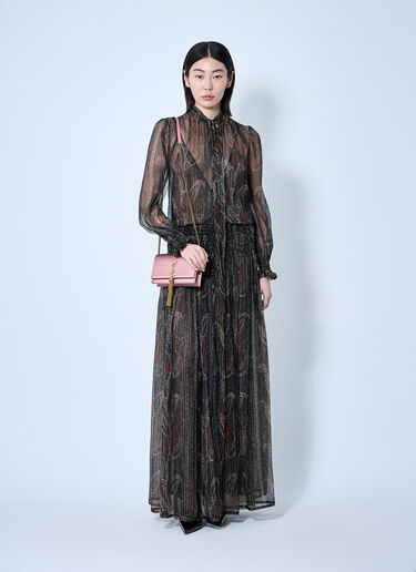 Saint Laurent 大花结佩斯利真丝绉纱超长连衣裙  黑色 sla0259001