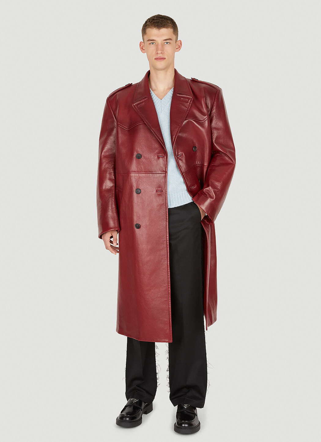 Dark red leather trench coat discount
