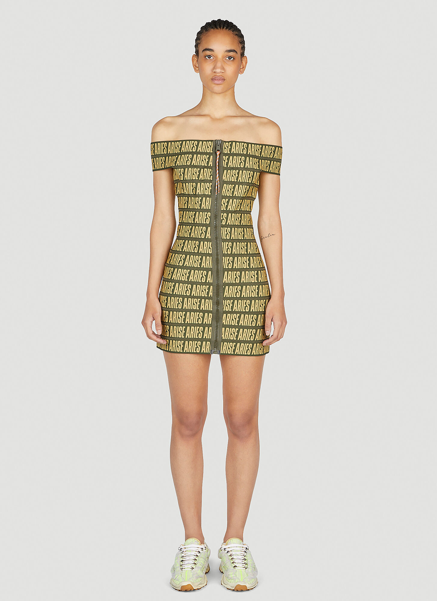 Aries Logo-print Off-shoulder Mini Dress In Olive