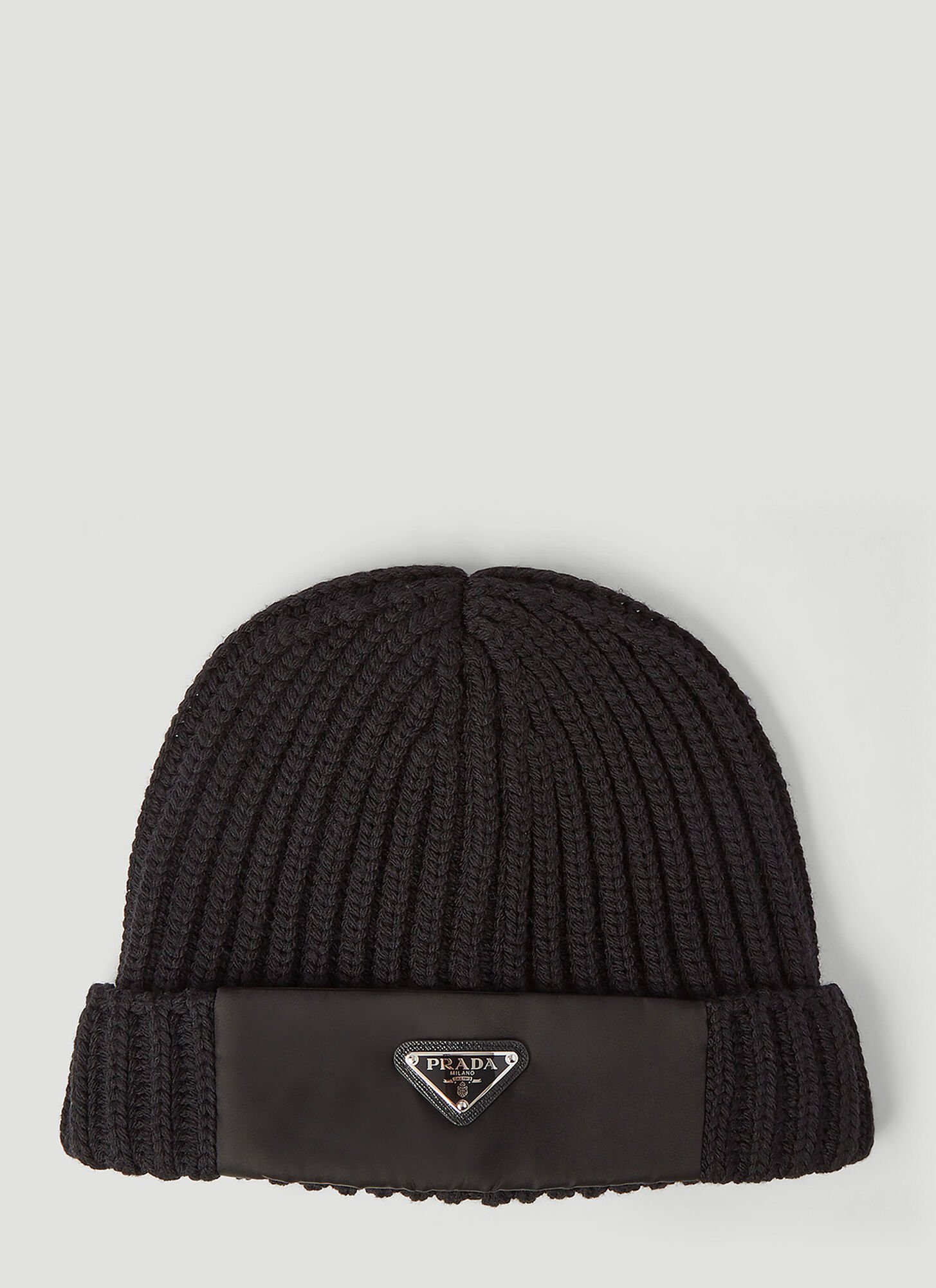 Shop Prada Re-nylon Trimmed Beanie Hat In Black