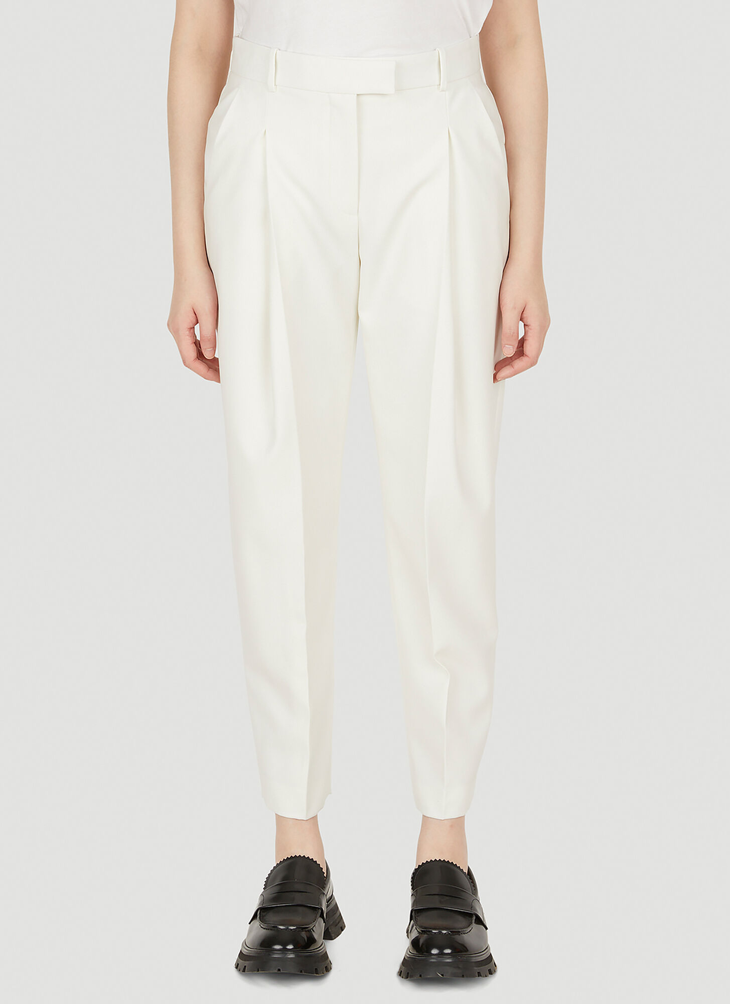 Shop Alexander Mcqueen Exaggerated Pleat Tailored Trousers In White