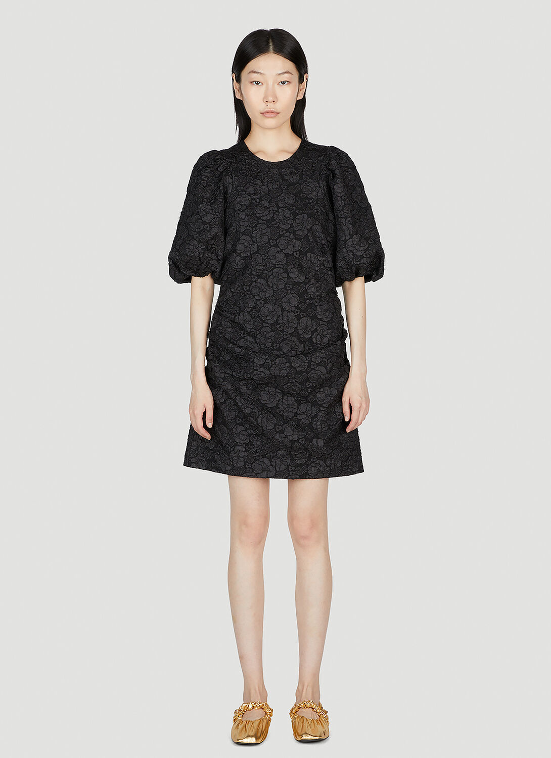 Ganni Patterned Floral-print Short Puff-sleeves Dress In Black
