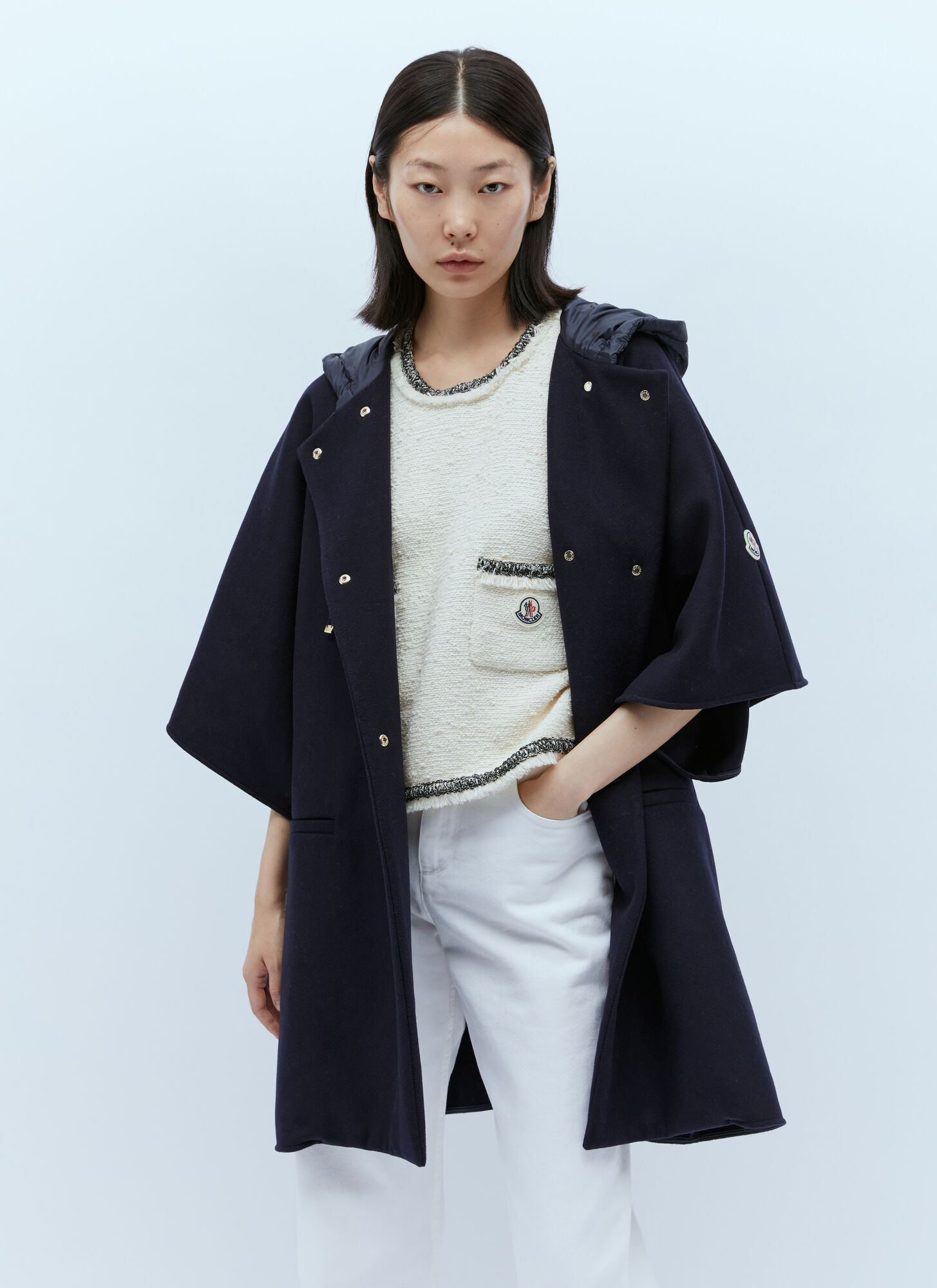 Shop Moncler Wool Hooded Cape In Blue