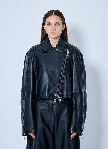 LN-CC® - Sportmax: Leather Asymmetrical Zip Jacket - Black Sportmax Leather Asymmetrical Zip Jacket Black spx0265016
