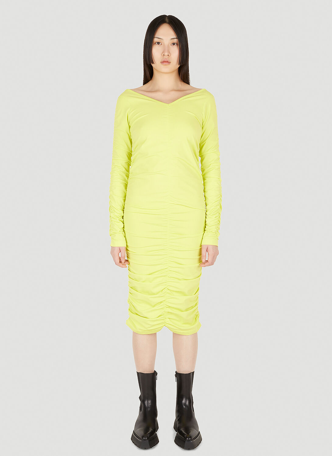 Helmut Lang Ruched Mid Length Dress In Yellow