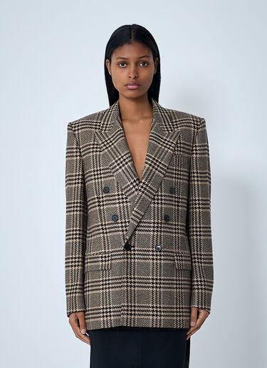 Saint Laurent Double-Breasted Plaid Blazer Beige sla0261014