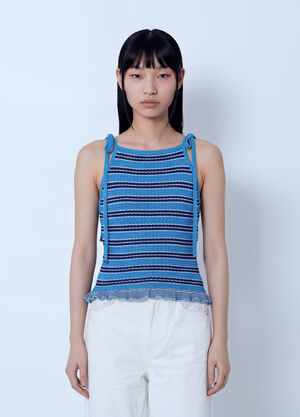 GANNI Cotton Pointelle Stripe Top Blue gan0265041