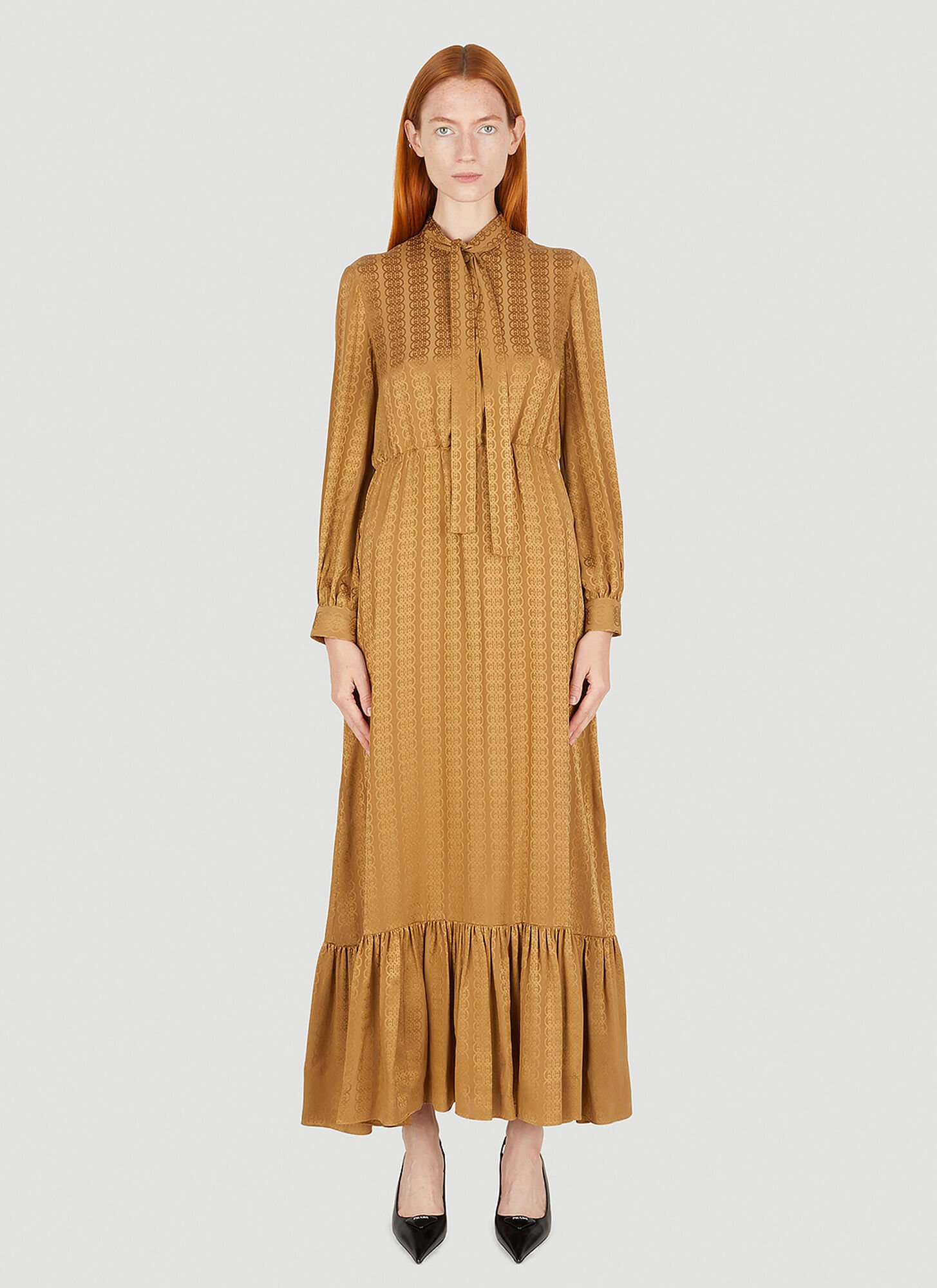 Gucci Gg-jacquard Silk Maxi Shirt Dress In Camel