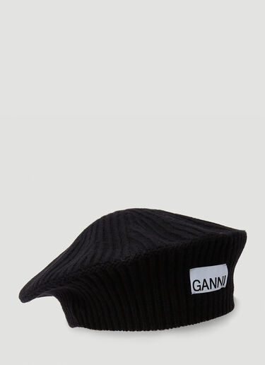 GANNI Ribbed Knit Beret Hat Black gan0250051