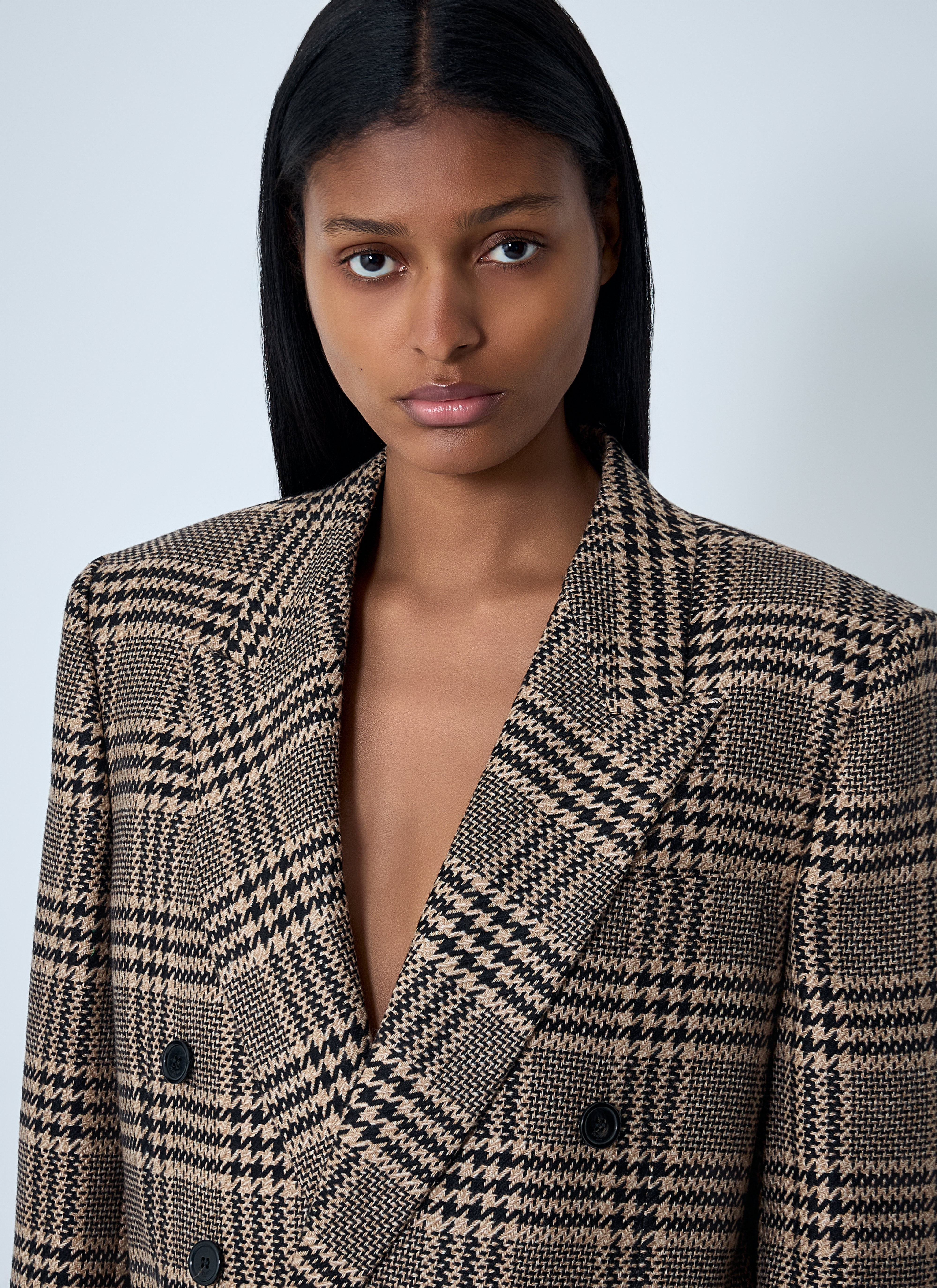 Saint Laurent Women's' Double-Breasted Plaid Blazer in Beige | LN-CC®
