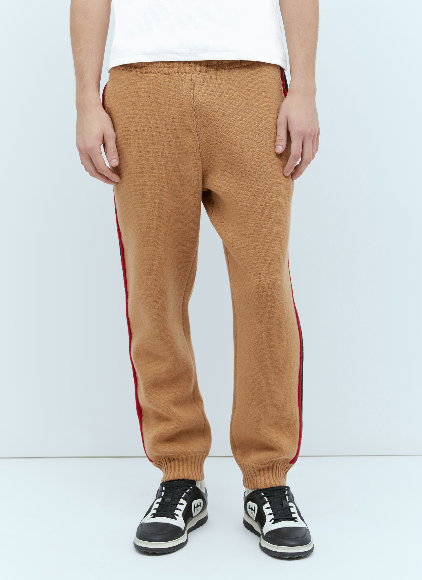 Shop Gucci Web Wool-knit Track Pants In Camel
