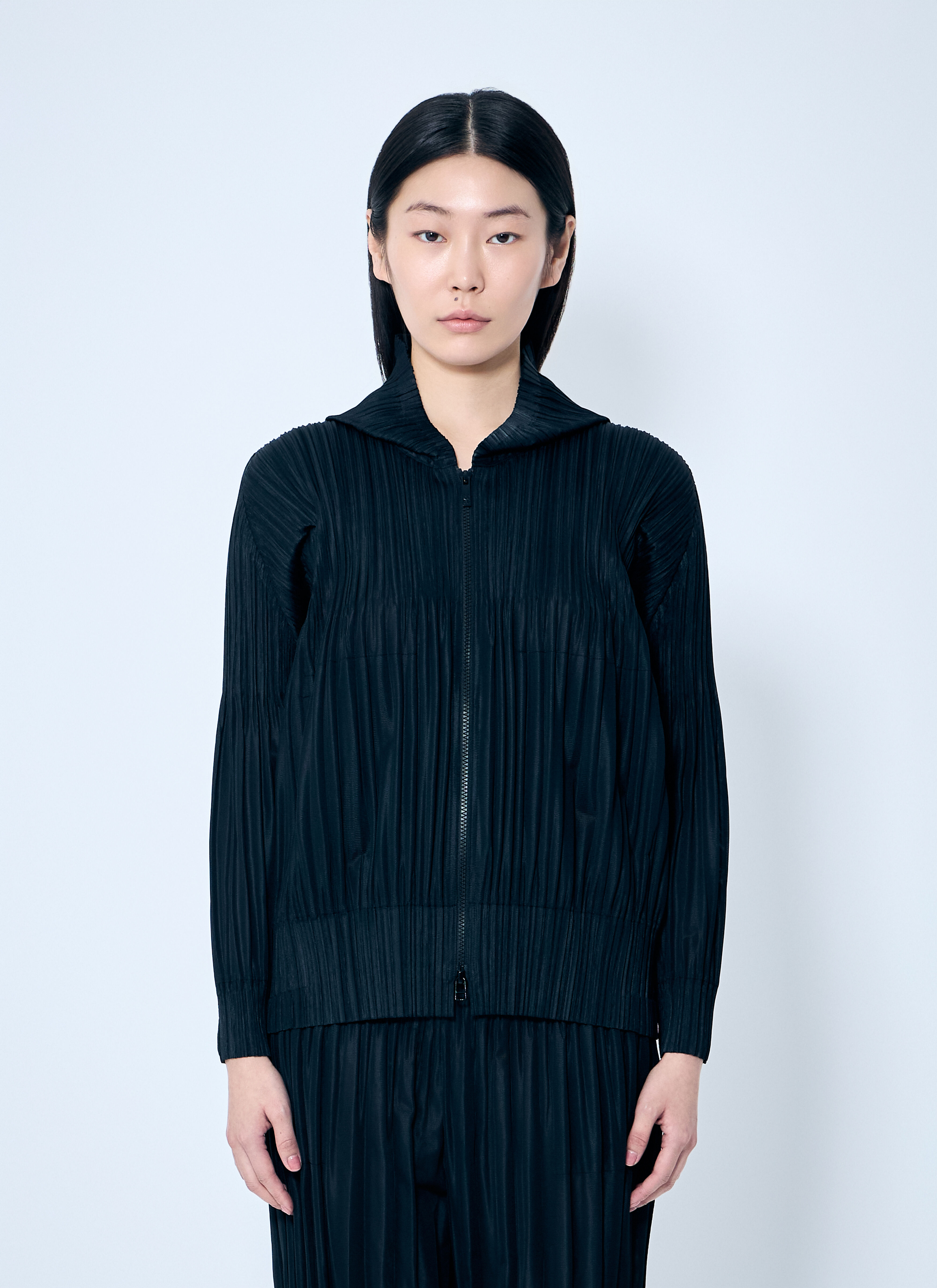 Pleats Please Issey Miyake Women's' Hooded Pleated Zip-Up Top in