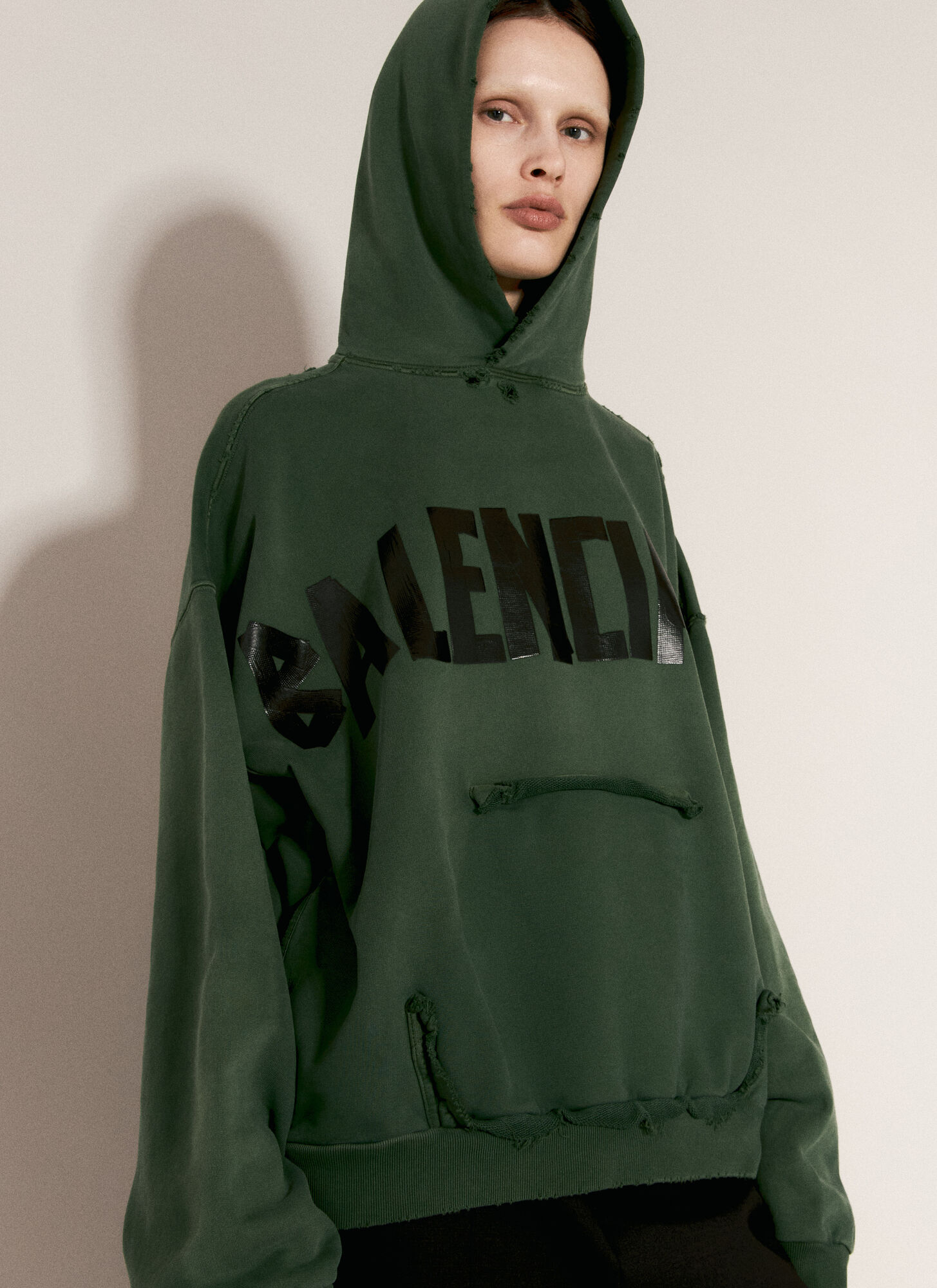 Shop Balenciaga Ripped Pocket Hooded Sweatshirt In Green