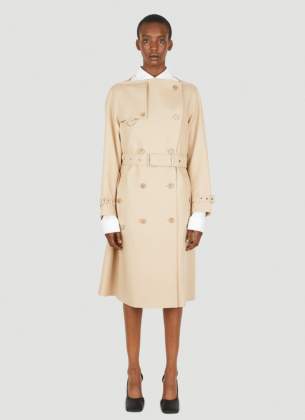 Collarless long coat sale