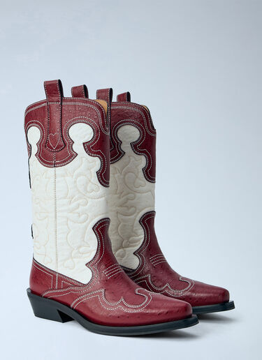 GANNI Mid Shaft Embroidered Western Boots Red gan0265034