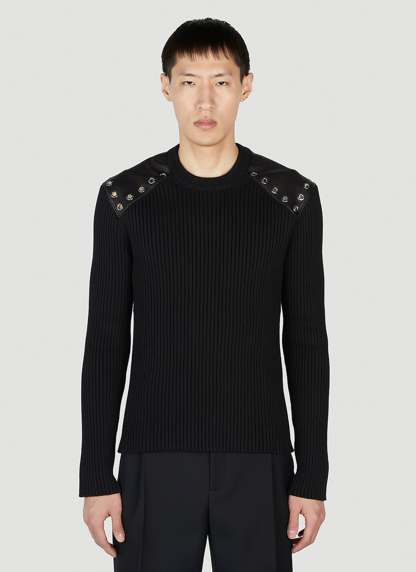 Alexander Mcqueen Eyelet-embellished Leather-trimmed Sweater In Black