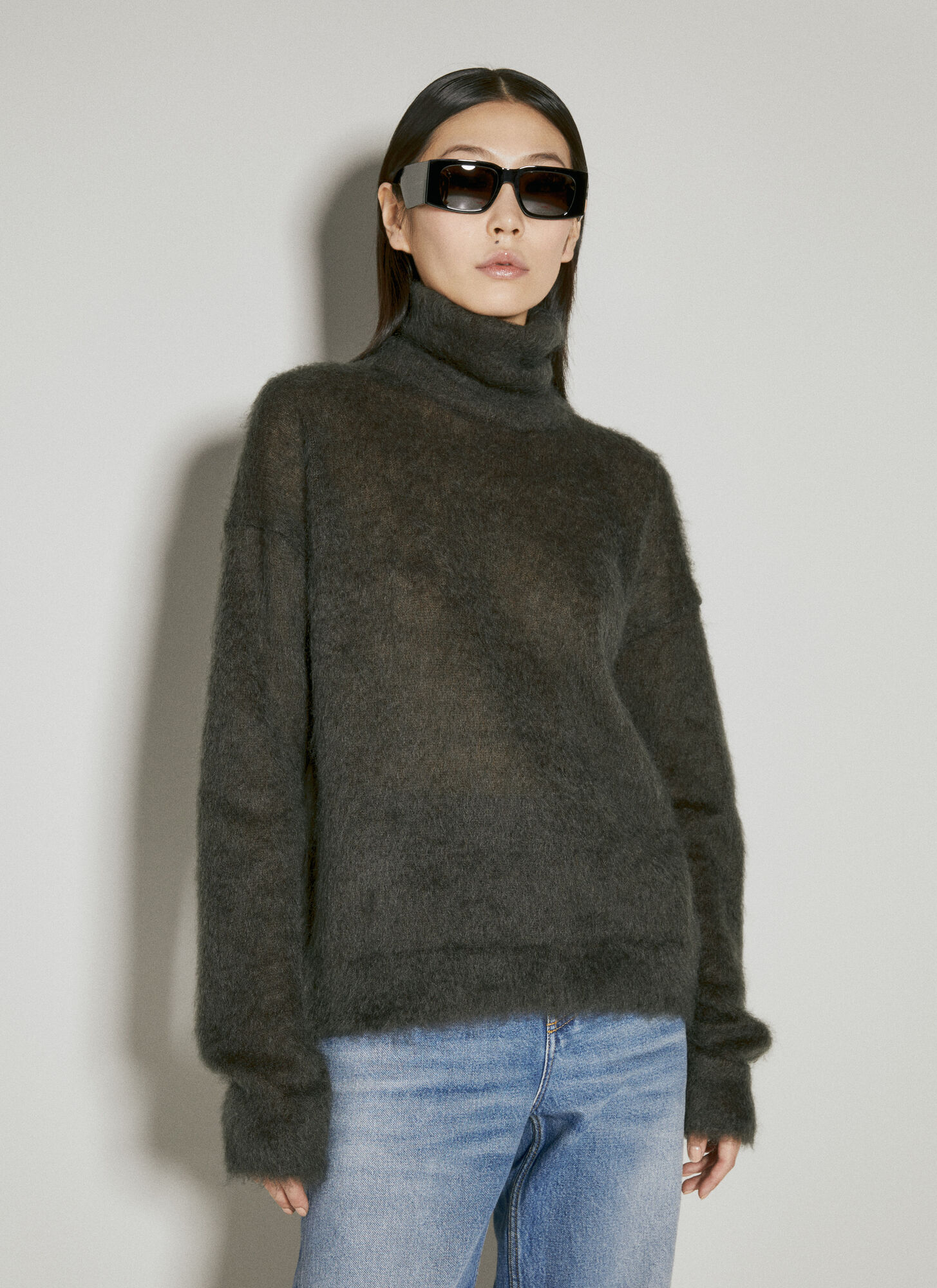 Shop Saint Laurent Turtleneck Mohair Sweater In Brown