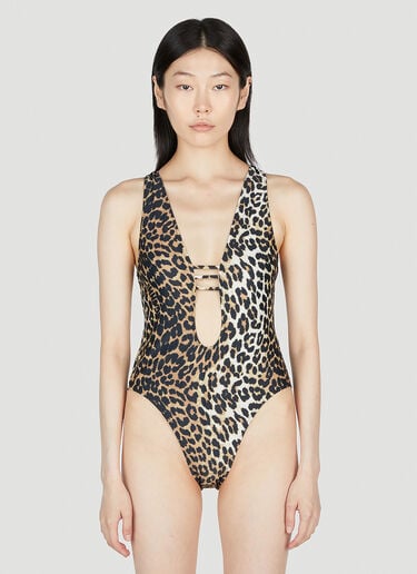 GANNI Leopard Print Swimsuit Brown gan0253095