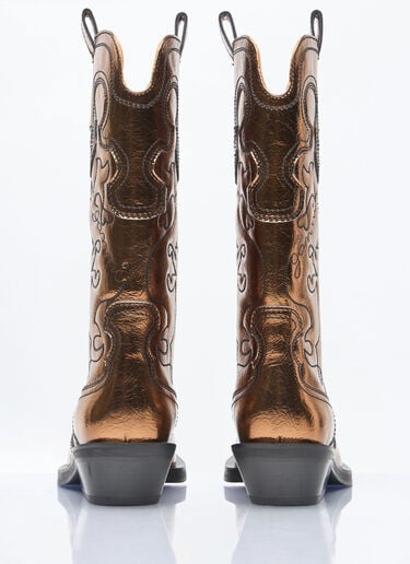 Ganni Mid Shaft Embroidered Metallic Western Boots Brown gan0258046
