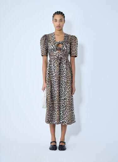 GANNI Leopard Print Tie Strap Midi Dress Brown gan0260005