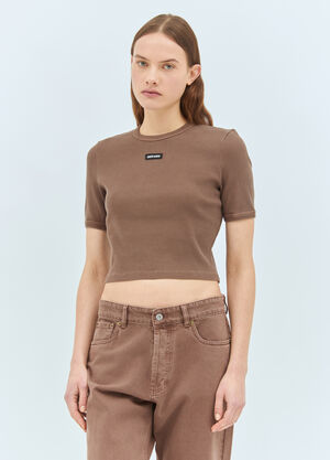 Miu Miu Logo Patch Ribbed T-Shirt Brown miu0259014