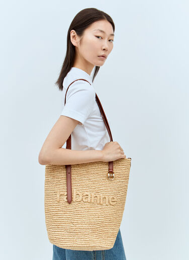 Rabanne 자수 로고 라피아 토트 백 베이지 pac0255037