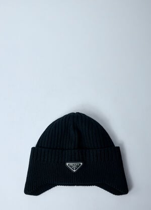 Prada 로고 플라크 울 비니 햇 블랙 pra0159041