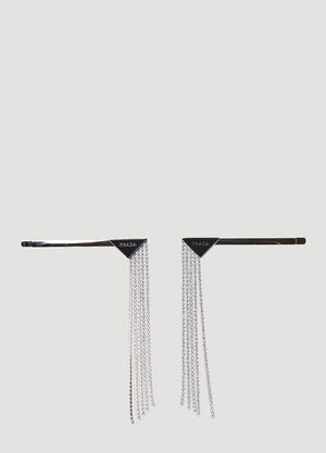 Prada 两件套徽标铭牌水晶发夹 黑色 pra0247013