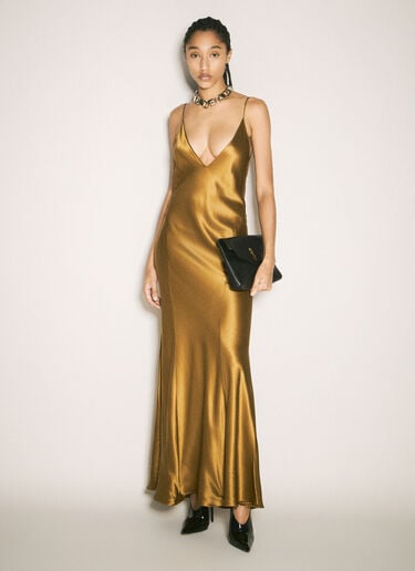 Saint Laurent Silk V-Neck Dress Gold sla0257002