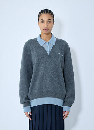 Miu Miu Logo Motif Knit Polo Sweater Blue miu0360007