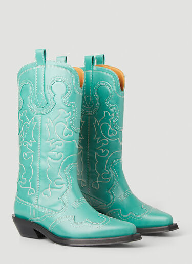 GANNI Embroidered Western Boots Green gan0251039