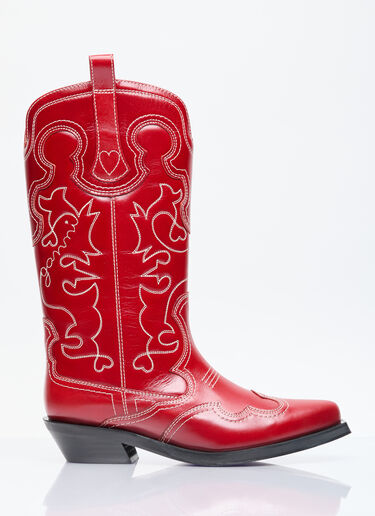 GANNI Mid Shaft Embroidered Western Boots Red gan0255087