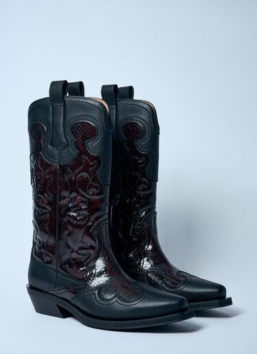 GANNI Mid Shaft Embroidered Western Boots Burgundy gan0259055